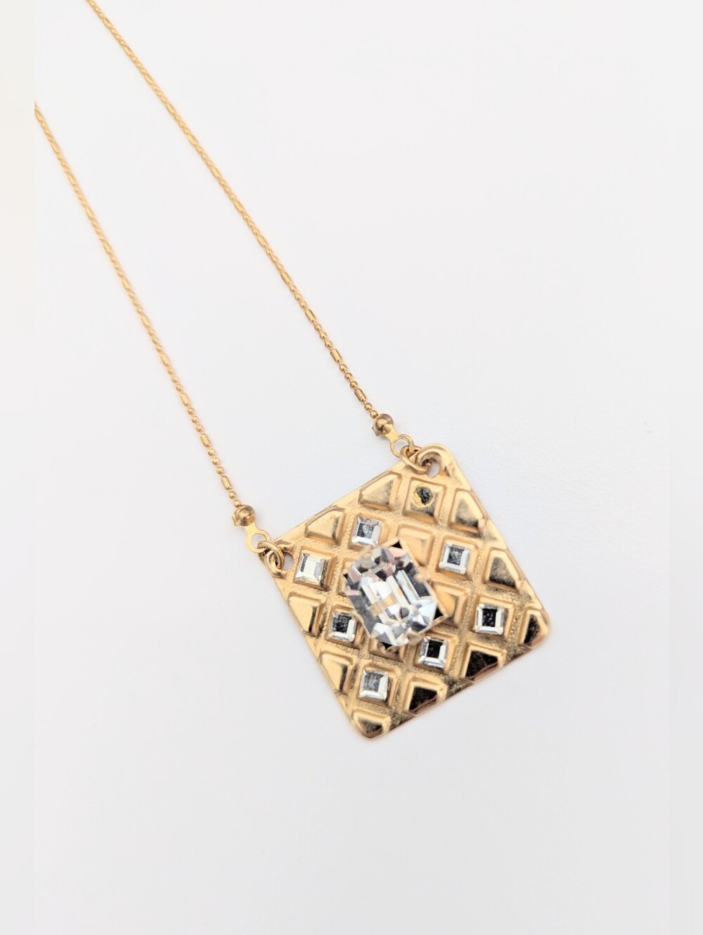 Gold-Tone Square Pendant Necklace with Clear Stones & Raised Center Stone